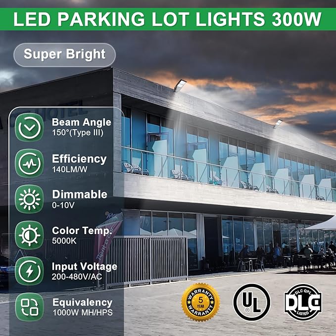 480V 300W LED Parking Lot Light, 5000K 42000LM LED Shoebox Area Light (1000W HID/HPS Equiv.) with Yoke Mount, Dimmable Commercial Street Lighting with 20KV Surge Protection, UL DLC Listed