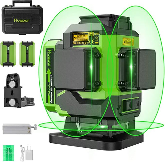 Huepar 3D Self Leveling Laser level for Tiling Floor Ground Etc., 2 Li-ion Batteries, 3x360 Cross Line Green Beam Laser Level with Type-C Charge Port & Magnetic Bracket, Hard Carry Case-LS03DG