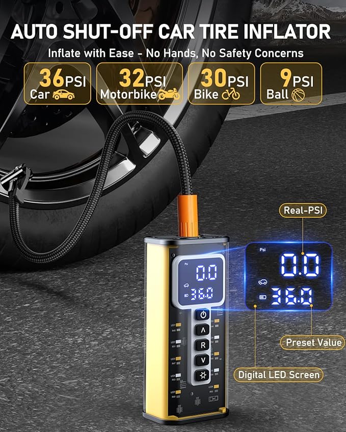 Tire Inflator Portable Air Compressor, 150PSI & 20000mAH Auto Air Compressor for Car Tires, Portable Tire Inflator for Car with Pressure Gauge, Pocket Tire Pump for Cars, Bike, Motorcycle, Ball