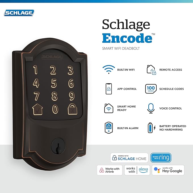 Schlage Encode Smart WiFi Deadbolt Lock for Front Door - Keyless Entry with App or Touchscreen - Works with Alexa, Hey Google, & Airbnb - Create Codes for Guests - Aged Bronze