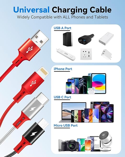 [3Pack 1Ft] Multi Charging Cable, Short Multi Charger Cable, 3 in 1 Braided Universal Multiple USB Cable Charging Cord Adapter with IP/Type-C/Micro USB Port for Cell Phones/iPhone Series/Galaxy & More