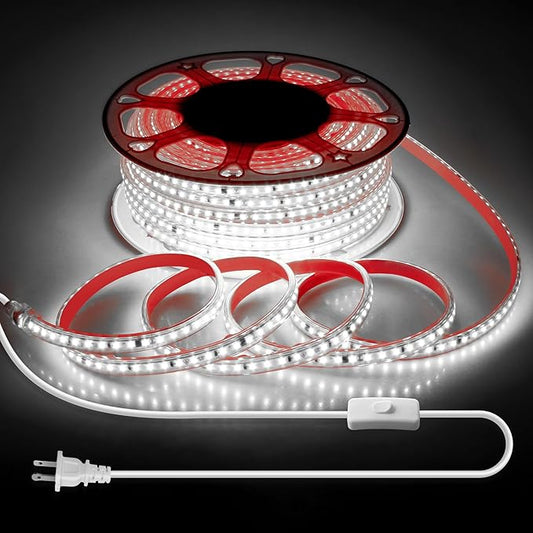 AC 110V-120V LED Strip Lights 100FT Outdoor Waterproof LED Rope Light for Outside Self-Adhesive 6000K Super Bright Cold White Plug in SMD 2835 120LED/M IP67 for Garden Patio Christmas Decor
