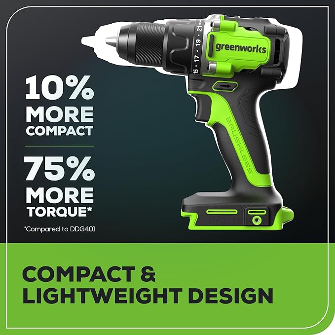 Greenworks 24V 4pcs Brushless Power Tool Combo Kit, 530 in-lbs 1/2" Drill Driver, 1950 in-lbs 1/4" Impact Driver,3000 SPM Reciprocating Saw,200 lumens Flashlight,2 * 2Ah Battery and Fast Charger
