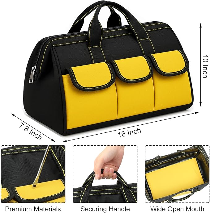 Sanwuta 3 Pack Tool Bag for Men with Waterproof Hard Bottom, Heavy Duty Tool Bag Wide Mouth Tote for Various Instrument, Electrician Carpenter Mechanic(16 Inch,Black Red, Blue, Yellow)
