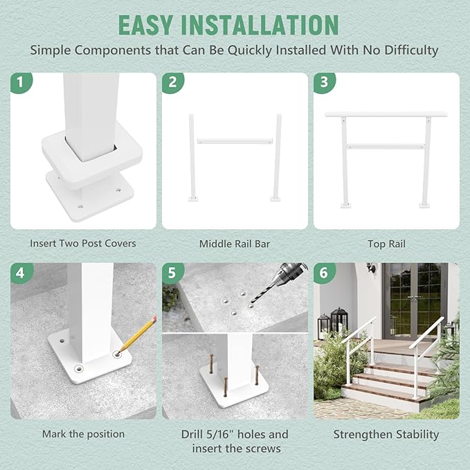 2 Pack Hand Rails for Outdoor Steps,2-3 Step Railing for Stairs,Adjustable Porch Railing,Hand Rails for Seniors,Outdoor Deck Handrails for Exterior Steps,White