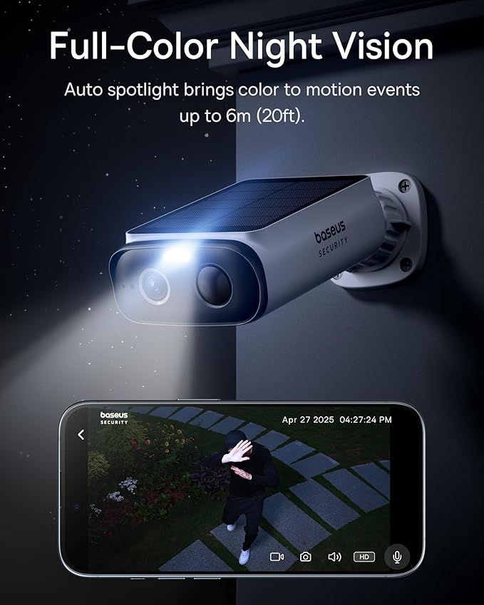 Baseus Solar Security Cameras Wireless Outdoor S1 Lite, 2K QHD Solocam, Continuous Power, Color Night Vision, AI Human Detection, IP67, No Monthly Fee, Local Storage, Works with Alexa & Google Home