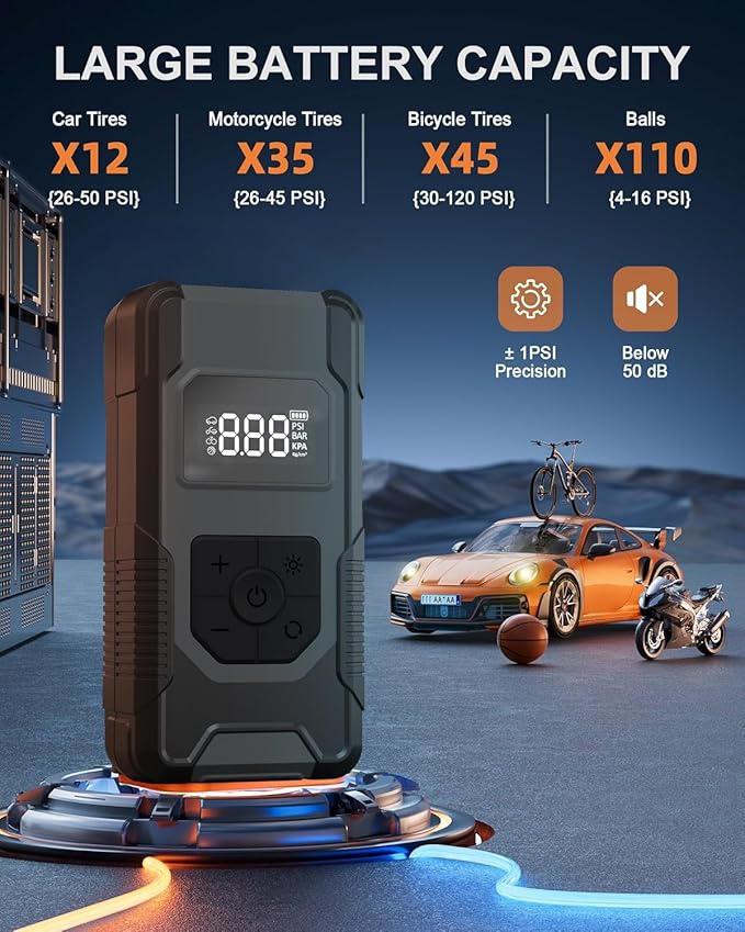 Tire Inflator Portable Air Compressor - 4X Faster Inflation Cordless Mini Air Pump with Digital Pressure Gauge with Digital Pressure Gauge/LED Light Portable Tire Inflator for Car/Moto/Bike/Ball etc.