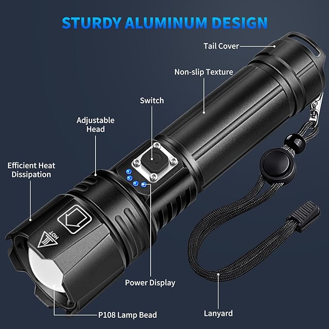 Rechargeable Flashlights High Lumens, 90000 Lumen Super Bright Led Flashlight with 5 Modes & 12H Long Runtime, Powerful Handheld Flash Light for Home Camping, IPX6 Waterproof 2Pack Flashlights