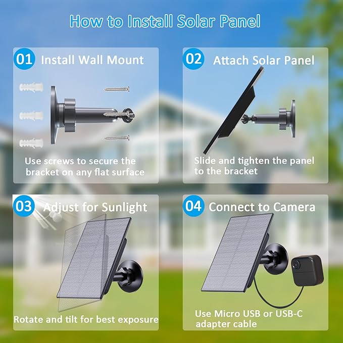 2W Solar Panel Compatible with Blink Outdoor 4(4th Gen)/3rd Gen/XT2/XT Camera, Micro USB & USB-C Solar Charger with10ft Cable, IP66 Waterproof, 360°Adjustable Mount, 2Pack