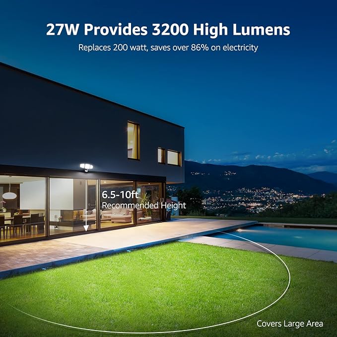 Lepro LED Security Lights, Outdoor Motion Sensor Light, Flood Lights with 3 Adjustable Heads, 270° Wide Lighting Angle, 27W 3200LM Super Bright, IP65 Waterproof for Yard Porch Garage, Black