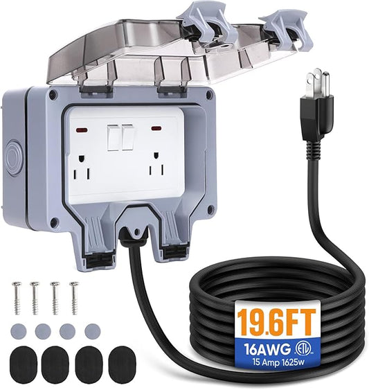 Outdoor Power Outlet,Outdoor Extension Cord Waterproof Double Wall Outlet Extender with On-Off Switch and Indicator Light，Exterior Electric External Power Outlet,Outside Outlet (19.6FT)