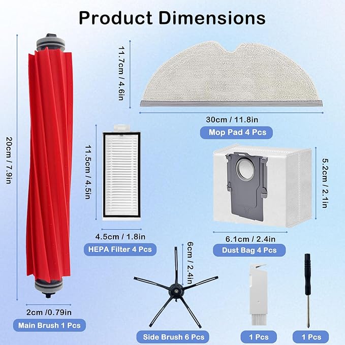 21 Pcs Replacement Parts Compatible for Roborock Q7+ Q7 Max+ Vacuum Cleaner Accessories Kits, 1 Main Brush 4 Mop Pad 4 Hepa Filters 6 Side Brush 4 Vacuum Bags 1 Cleaning Tool 1 Screwdriver