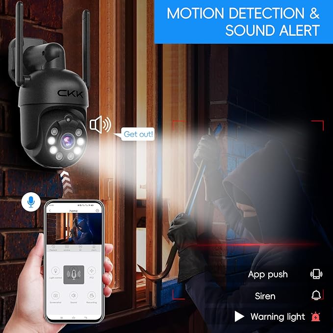 [3K, 360° View] 5MP Wireless Security Camera System, 4pcs 3K PTZ Cameras Outdoor Indoor, C102 Dual WiFi Surveillance System NVR with 4LED Floodlights & Siren Alarm, 2 Way Audio,Motion Sensor,1TB HDD