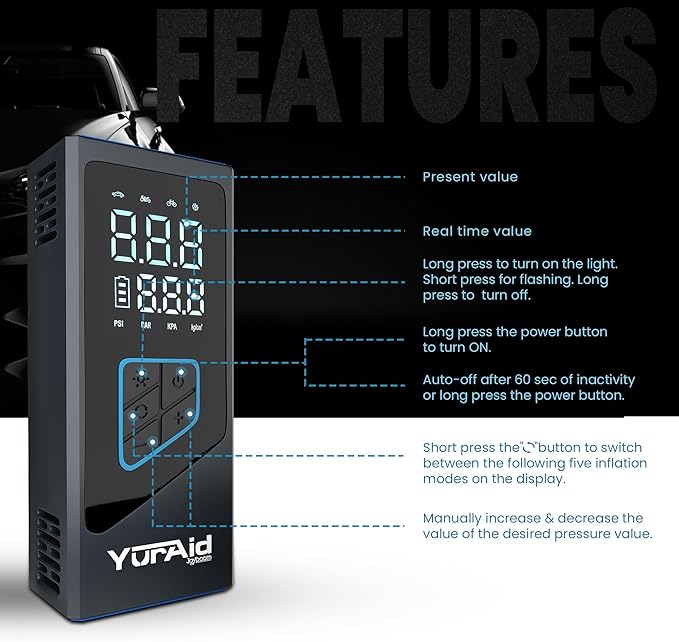 Premium Portable Tire Inflator for car 150PSI Wheel & Tire Air Compressors & Inflators Tires For Vehicles With Battery, Fast Electric & Digital Tire Pressure Pump Gauge For Car, Bike, Motorcycle