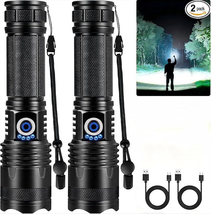 Rechargeable LED Flashlights High Lumens 2, 99000 Lumens Super Bright Flashlights with 5 Modes, Waterproof Powerful Flash Light Multifunctional Flashlights for Home Emergencies Hiking