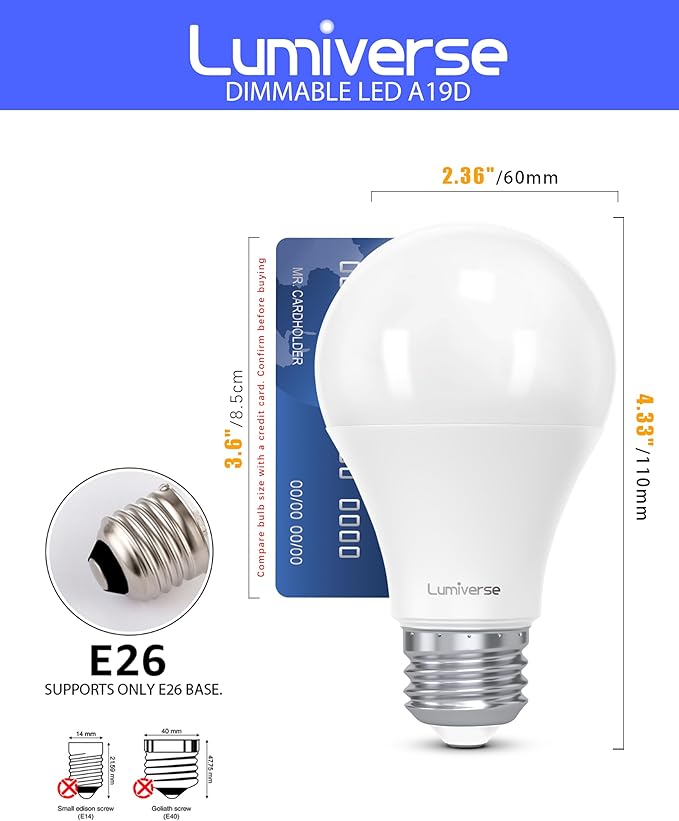 Lumiverse 60 Pack A19 Dimmable LED Bulbs 60W Equivalent, 9.5W, Non-Flickering, 5000K Bright Daylight White, 800 Lumens, E26 Base, 10000 Hour, Energy Saving, Clear Bright Light for Ceiling, Bedroom