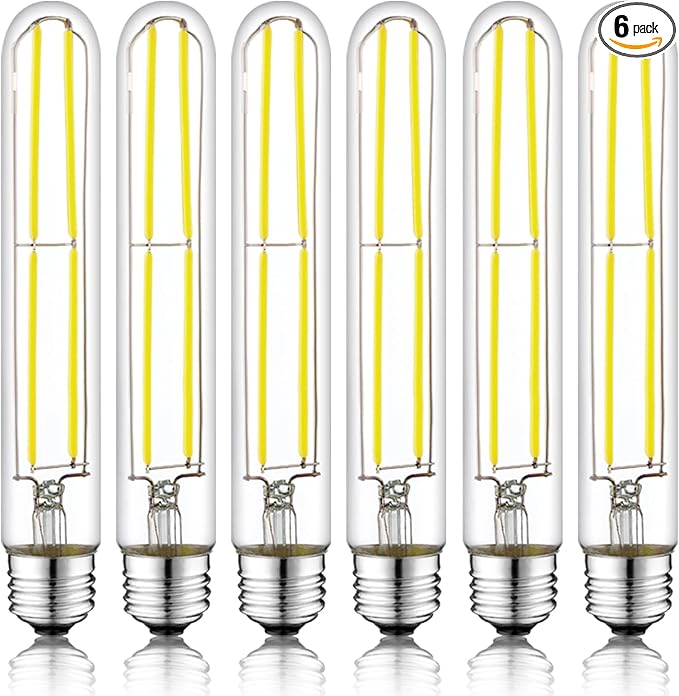 7.3 Inch E26 Led Bulb 6W Dimmable, 5000K Daylight Edison Bulbs 800LM, Equal 80 Watt Tubular T10 T9 Long Clear Glass Light Bulb for Rustic Pendant Industrial Pipe Wall Sconces - 6Pack