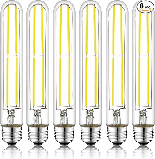 7.3 Inch E26 Led Bulb 6W Dimmable, 5000K Daylight Edison Bulbs 800LM, Equal 80 Watt Tubular T10 T9 Long Clear Glass Light Bulb for Rustic Pendant Industrial Pipe Wall Sconces - 6Pack