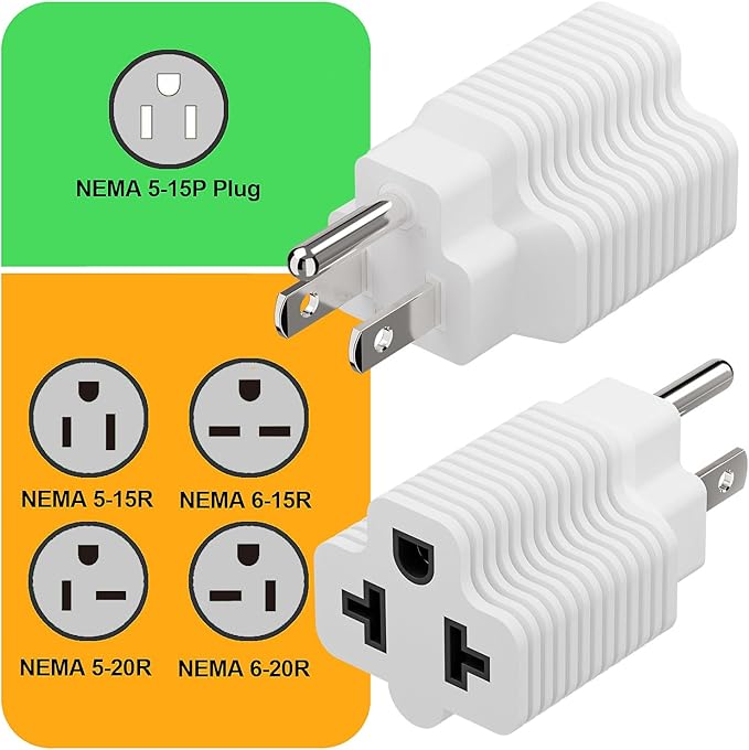 [4-in-1] 15 Amp Household AC Plug to 20 Amp T Blade Adapter, 5-15P to 5-15R, 5-20R, 6-15R, 6-20R, 4 in 1 AC Power Adapter,15A 125V to 20A 250V Plug, White, 2 Pack