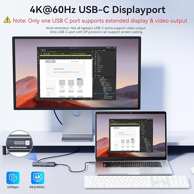 USB C Video Output Hub, 3 USB-C & 2 USB-A 3.2 10Gbps Ports, 4K@60Hz HDMI, 100W PD, SD/TF, USBC Splitter Dual Monitor Adapter for MacBook Pro/Air, iMac, iPad Pro, XPS, Surface, Galaxy S22,Samsung DEX