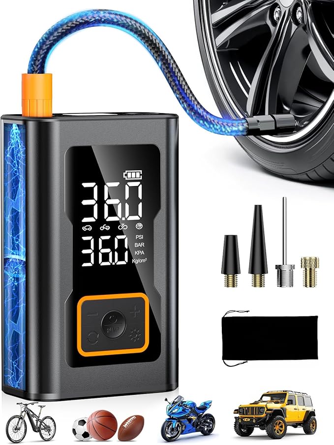 Tire Inflator Portable Air Compressor,Portable Tire Inflator for Car,Compact Air Pump for Car Tires,Bicycle,Ball,Rechargeable Air Pump with Digital Pressure Gauge and LED Lighth
