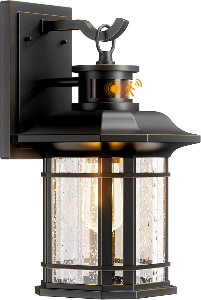 Motion Sensor Outdoor Lights, Dusk to Dawn Outdoor Lighting, Exterior Light Fixtures with 3 Working Modes, Wall Mounted IP65 Waterproof Lights for House Porch Patio, Black (Gold Trim)