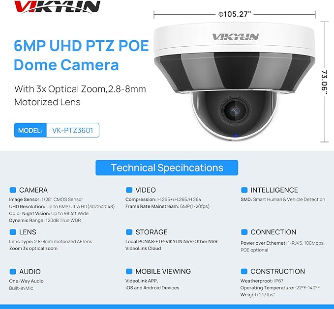 6MP IP PoE PTZ Camera Outdoor with Pan/Tilt 3X Optical Zoom,2.8-8mm Motorized Lens,98ft IR Night Vision, Built-in Mic, Human/Vehicle Detection,IP66&IK10, Blue Iris, NDAA Compliant Dome Mini PTZ Camera