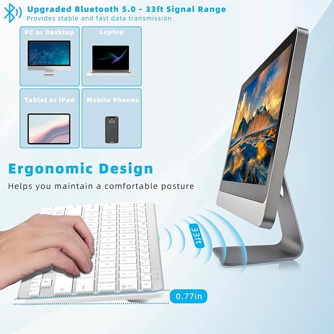 Bluetooth Keyboard, Ultra-Slim Wireless Keyboard for iPad, Rechargeable Ergonomic Computer Keyboard for iOS, Android, Windows PC Tablets Phone, White Silver