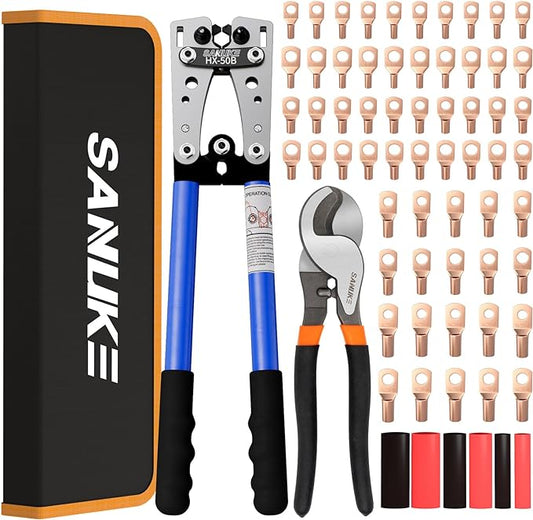 Sanuke Battery Cable Lug Crimping Tool Kit with Cable Cutter 60pcs Ring Terminals 60pcs Heat Shrink Tubing and A Bag, Wire Crimper for AWG 10-1/0 Electrical Lug