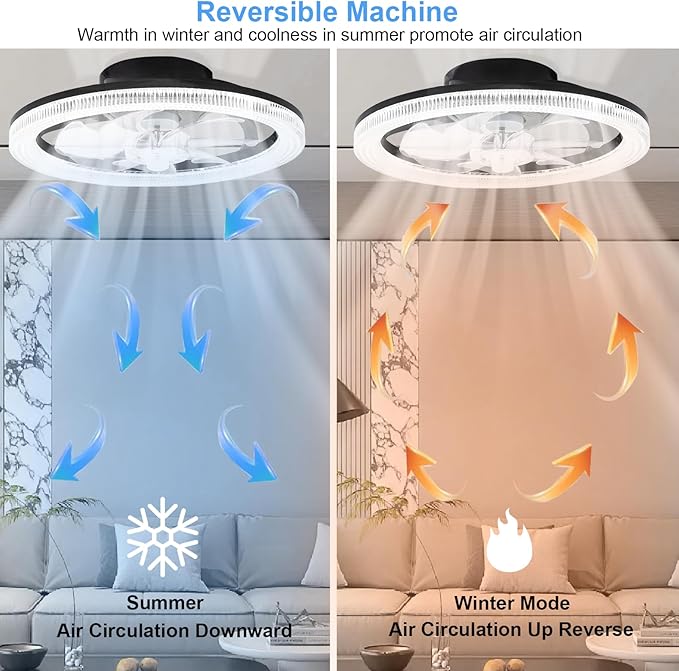 Ceiling Fans with Lights and Remote, 15.7"Flush Mount Ceiling Fan, 6Wind Speeds Low Profile Ceiling Fan with Light, Dimmable LED Fan Light, Modern Smart Leafless Ceiling Fan for Bedroom(Black)