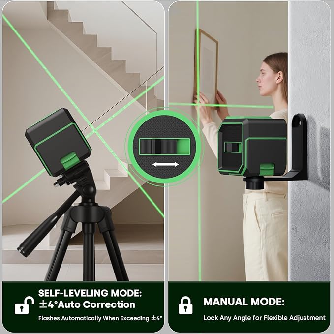 Green Laser Level with Self-leveling& Manual Mode Horizontal and Vertical Lazer Level with 360°Magnetic Bracket, 2xAA Batteries for Construction Home Decoration DIY etc.