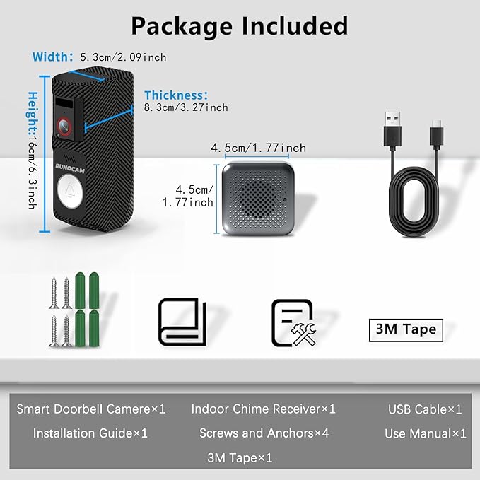 Video Doorbell Camera Wireless with Charm, HD Camera, Real-Time Alerts Ring Call, Pan Rotate, AI Detection, Power Battery, Home Security Apartment Camara para Puerta, 2.4G WiFi, Carbon Fiber