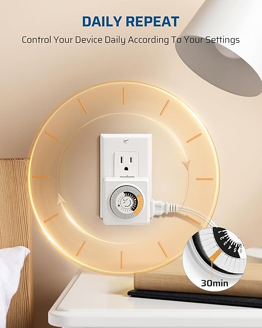 DEWENWILS Indoor Timers for Electrical Outlets, 24 Hour Cycle Plug-in Mechanical Timer, 30-Minute Intervals, 1 Polarized Outlet, for Christmas Lights, Room Lights, ETL Listed, 2 Pack