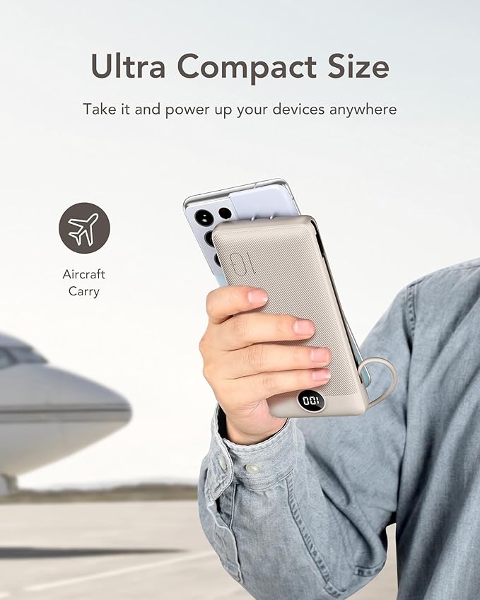 VEGER Portable Charger for iPhone with Built in Cables and Wall Plug, 10000mah Slim Fast Charging USB C Power Bank, Travel Essential Battery Pack Compatible with iPhone, iPad, Samsung etc(Coffee)