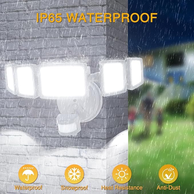 Onforu 5 Heads 55W LED Security Lights Motion Sensor Outdoor, 360° Wide Angle Illumination, 5000LM Flood Light, 6500K, IP65 Waterproof, Hardwired Wall Light for Garage, Yard, Porch, Entryway (White)