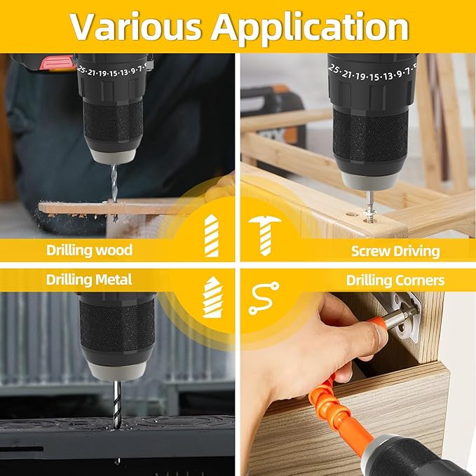 21V Cordless Power Drill/Driver Set, 80Nm Max Torque with 2 Batteries & Charger, 1/2 Inch Keyless Chuck, 3 Modes & 25 Position Torque Adjustment, 29Pcs Accessories for Home Use