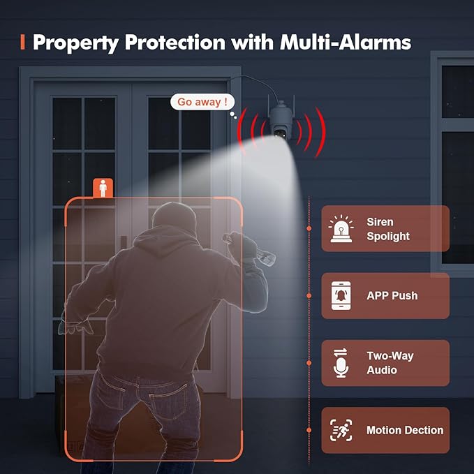 Dzees 360° PTZ WiFi Security Cameras Wireless Outdoor, 2K Battery Powered Home Security Camera Indoor, Spotlight & Siren, Color Night Vision, 2-Way Talk, AI Motion Detection, IP66, Cloud Stroage