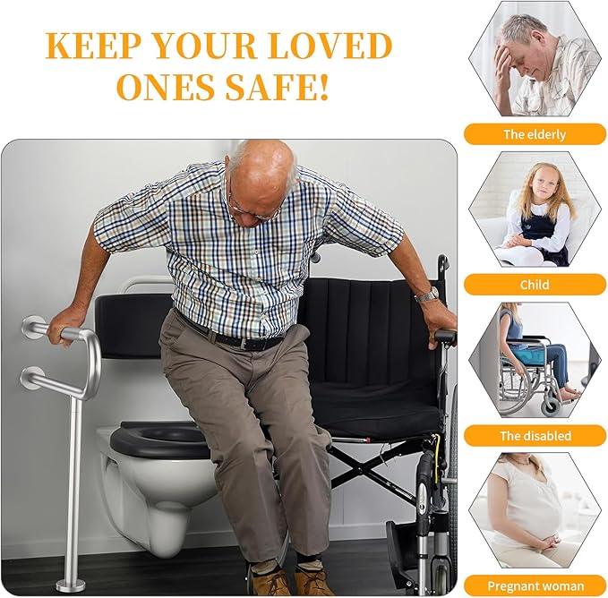 Toilet Grab Bar 31.3 Inch, YuanDe Wall to Floor Brushed Nickel Bathroom Safety Bar w/Anti-Slip Knurled Grip, Stainless Steel Handicap Grab Bar with Leg,Support Bar for Disabled Elderly Pregnant