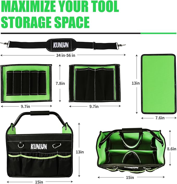 17-Inch Open Top Tool Bag, Electrician Tool Bag, Tool Tote Bag Organizer for Easy Tool Access, 33 Pockets Foldable Tool Carrier with Rotating Steel Handle and Removable Shoulder Strap (Black+Green)
