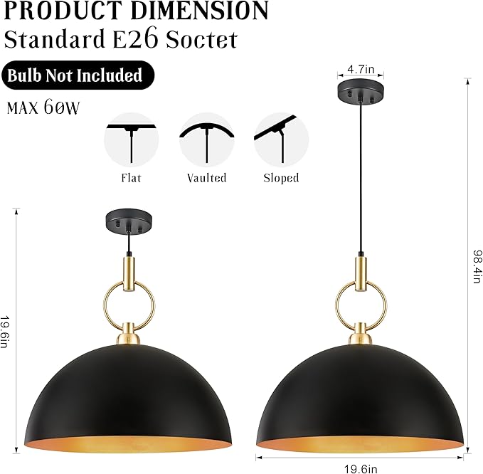 19.6" Black and Gold Pendant Lights for Kitchen Island Large Dome Pendant Light Fixture Industrial Hanging Lamp for Dining Room Hallway Entry Bedroom Bar