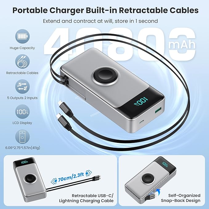 Portable Charger 40800mAh Power Bank with 2 Built-in Retractable Cables,25W PD Fast Charging Phone Charger with iWatch Charger,5 Output 2 Input LCD Display Battery Pack for iPhone 16/15/14/13,Android