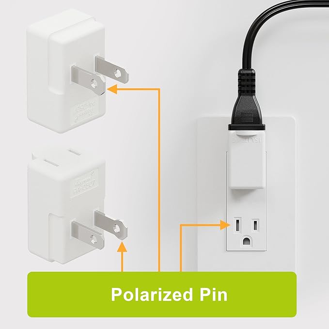 90 Degreen 2 Prong Adapter, Plugrand Up Angled Nema 1-15P to 1-15R UP Angled Adapter, US 2 Pin Adapter PA-0507 White Color
