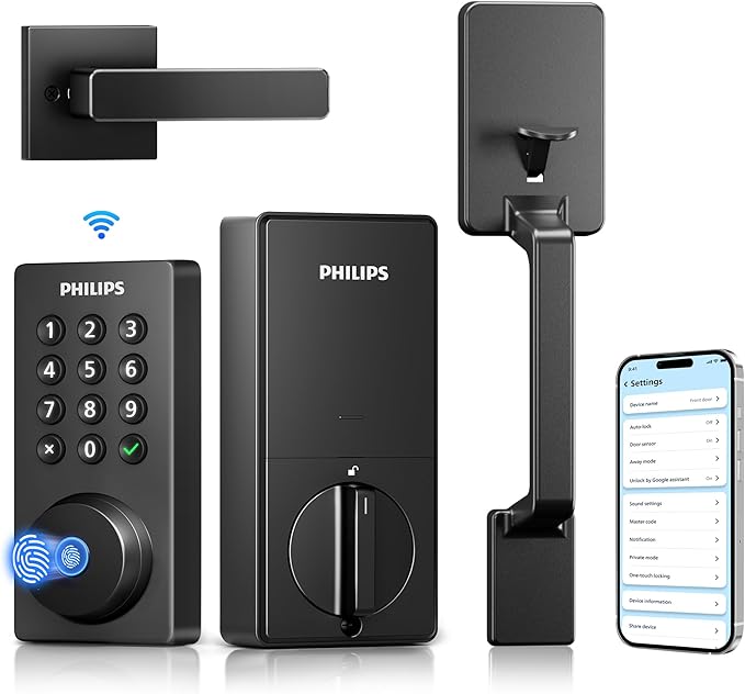 Philips Wi-Fi Smart Deadbolt Lock with Handle Set, Keyless Entry Door Lock for Front Door, Built-in WiFi, Compatible with Alexa & Google Assistant, Auto Locking