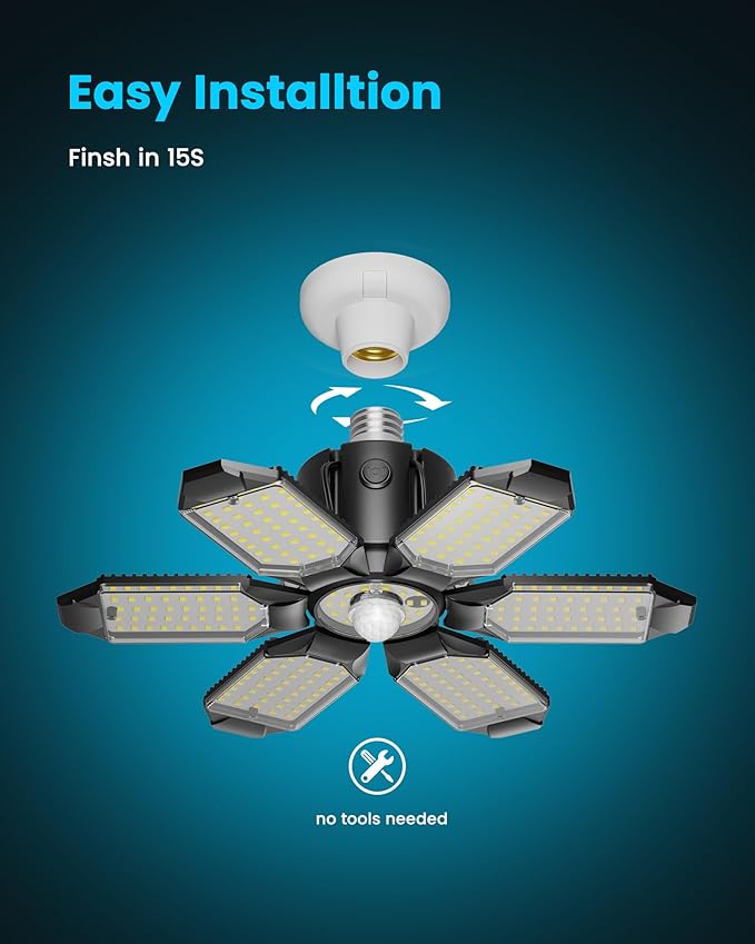 Garage Lights with Motion Sensor, 20000LM Motion Sensor Light Bulb Indoor with 6 Deformable and Auto-Off, E26 Screw-in 6500K Motion Activated Shop Light for Ceiling/Basement 4-Pack