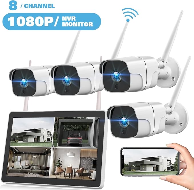 Wireless Security Camera System with 12" Monitor, 8CH NVR & 4pcs WiFi Cameras - Plug & Play, Night Vision, 24/7 Recording (No HDD + 4cam + 12" Monitor)