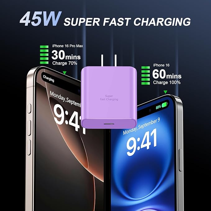 Phone 16 Pro Max Charger Fast Charging, 45W USB C Phone 16 Super Fast Charger Block with 10ft Long Type C Charging Cable Cord for Phone 16/16 Pro/16 ProMax/16 Plus, 15/15 Pro Max/Pro/Plus,2pack purple