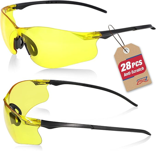 Safety Glasses 28 Pack Amber Tinted: ANSI Z87.1 Certified Anti-Scratch Polycarbonate Lens UV Protection for Construction & Cycling, Woodworking & Lab Lightweight Sofety Nose Pad Unisex