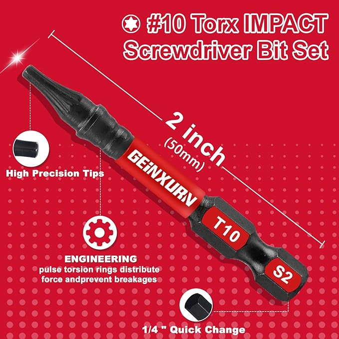 10Pieces 2 In. T10 Impact Tough Magnetic Screwdriver Bit Set, #10 Torx Head Power Bits, S2 Alloy Steel Star Bits with Storage M-Box