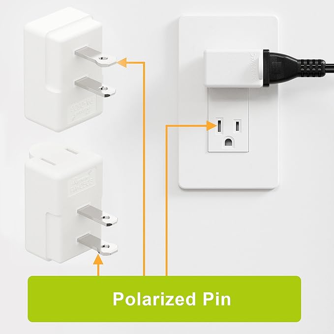 Polarized 2-Prong L Type Adapter, Horizontal Angled AC Adapter, NEMA 1-15P USA Outlet Saver Extension Adapter, High Heat Resistant 2Pin Left Angled Adapter