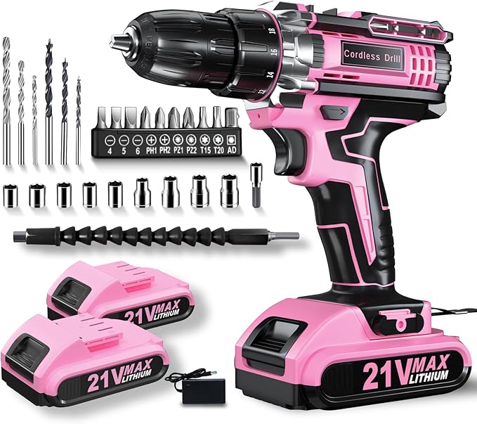 Drill, 21V Cordless Drill with Dual 2.0Ah Power Pack and Charger, Electric Power Drills Set, 3/8 Inch Chuck, 25+1 Torque, 2 Speed 29 Accessories Tool for DIY, Gifts